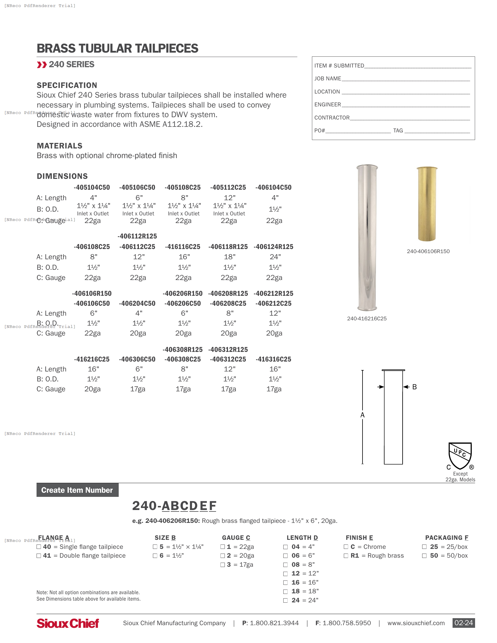 240 SERIES - BRASS TAILPIECES - SPEC SHEET.PDF Specification Document